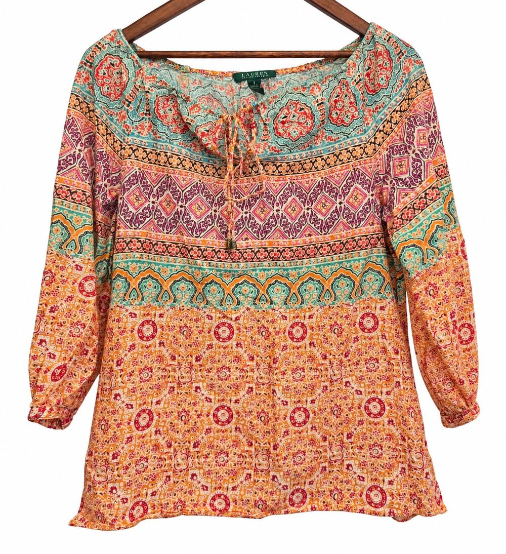 Lauren Ralph Lauren Boho Paisley Peasant Top Small Multicolor Cotton Blouse